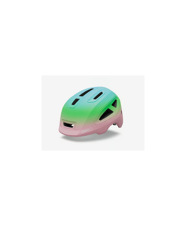 Casco Giro Scamp II verde y rosa para ciclismo infantil con diseño ergonómico y ventilación.