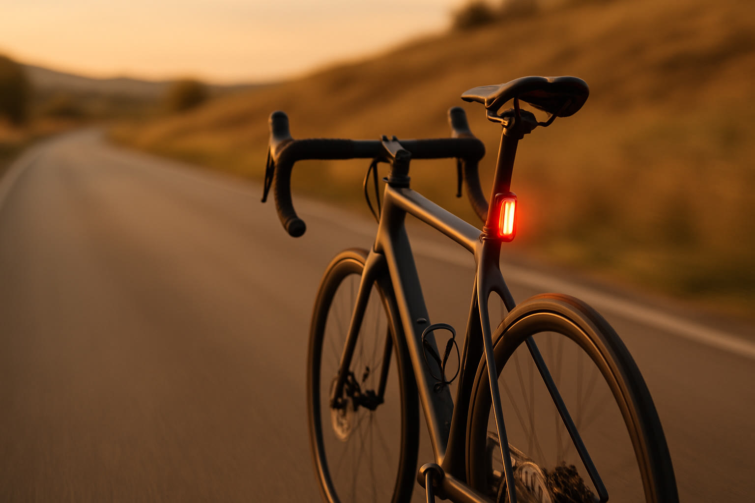 Luz trasera Bontrager Flare RT encendida en la tija de una bici de carretera al atardecer